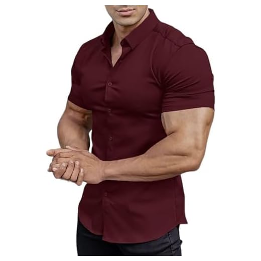 whox Camisa social masculina de manga curta com botões slim fit stretch rugas verão camisa masculina, 1 vinho tinto, P