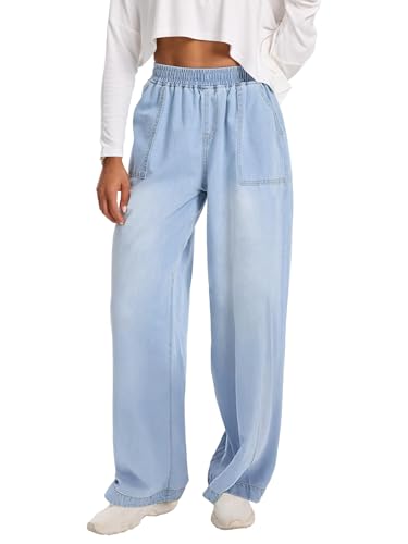 Wide Leg Elastic Waist Jeans for Women Trendy High Waist Stretchy Soft Drape Baggy Jeans Multi Pockets Womens Pants