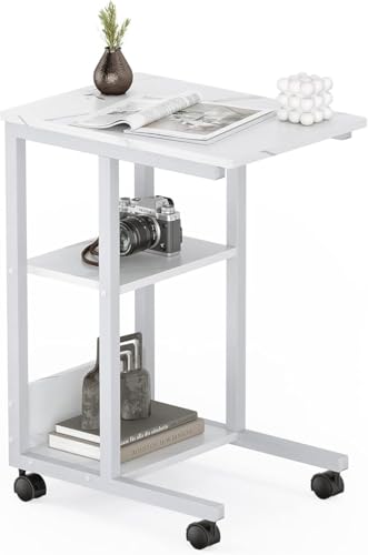 Sunon Tavolino da divano, comodino con 3 ripiani, forma a C, struttura in metallo, piano in legno, ruote bloccabili, bianco