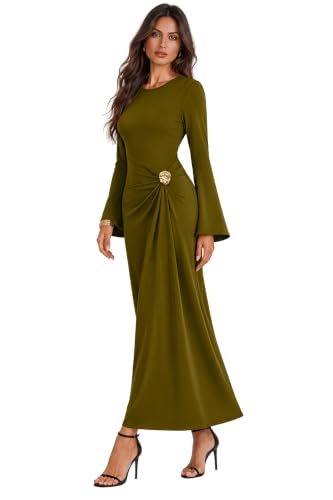 Sipaya Maxi Bodycon Dresses for Women Wedding Guest Formal Business Casual Long Sleeve Cocktail Outfits Midi Fall Fashion Winter Clothing Funeral Olive Green L - image 4