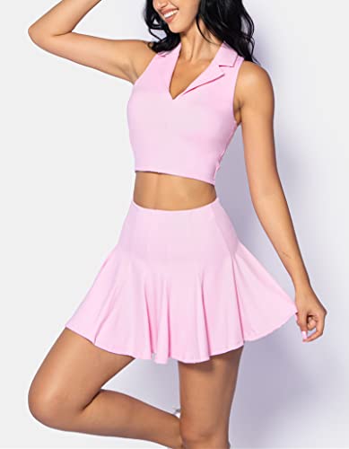 Abociw Tennis Skirts For Women With Racerback Sport Bra Sets High Waist Pleated Golf Skort Skirt Collared V Neck Sleeveless Workout Crop Top With Built-In Bra Athletic Tennis Outfits Pink Small #TOP2