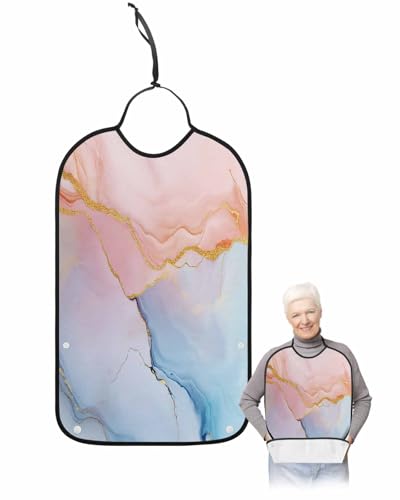 Marble Blue Pink Adult Bib for Adults Men, Women, Abstract Modern Ombre Gold Marbling Washable & Adjustable Terry Cloth Bib with Crumb Catcher Reusable Waterproof Clothing Clothes Protector Apron