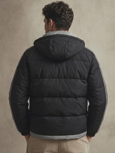 Image of Blaq Ash Men's Hooded Puffer Jacket, Black with Grey Stripe Detail, Quilted Winter Coat