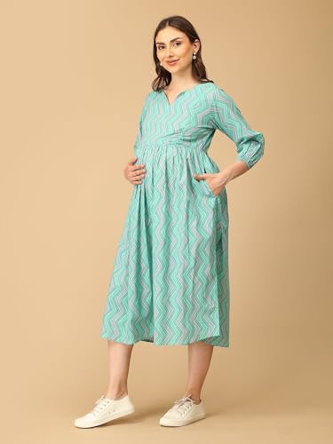 Image of The Mom Store Maternity and Nursing Dress | Pre and Post Pregnancy Dress | Zipper /Button Opening | Causal Wear | Trendy Stylish Causal Dresses for New Moms