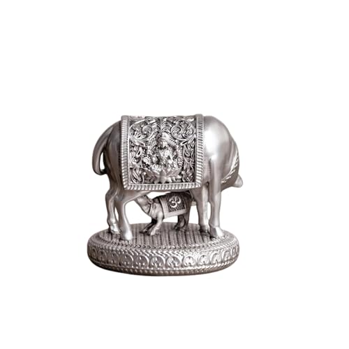 Image of ARNAVIRA 999 Silver Plated Antique Vastu Kamdhenu Cow with Calf Idol with Lakshmi Remedy for Wedding & Housewarming Gift | Pooja Room Height 4.5 Inch (Silver Antique, Large, Kamdhenu Cow 01)