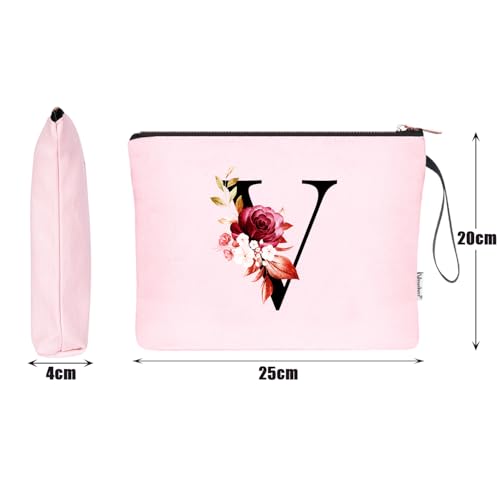 Image of Vavabox A-Z Personalized Makeup Bag, Birthday Gifts for Women Mom, Gifts for Best Friend, Bride Bridesmaid Cosmetic bag (V, 06-Pink)