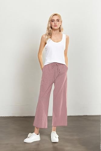 Image of LNX Womens Linen Capri Pants Wide Leg High Waisted Drawstring Casual Cropped Pants with Pockets