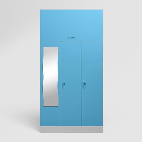 Image of Interio by Godrej Almirah Slimline 3-Door Steel Almirah, Cupboard for Clothes (Royal Ivory and Milky Blue), 1-Year Warranty, 6 Shelves, 1 Locker, 2 Drawers, Overhead Unit, Curvilinear Mirror