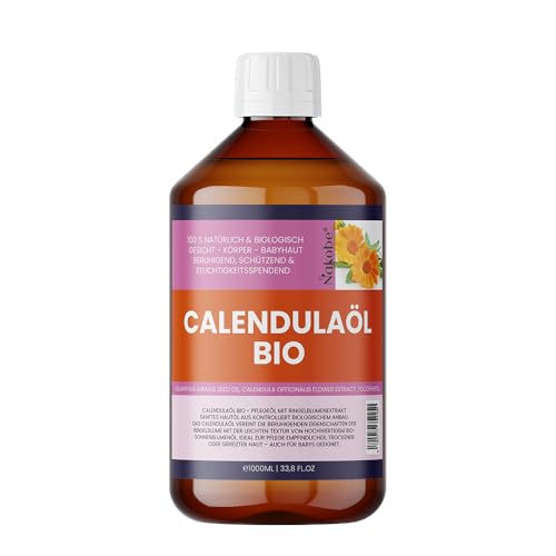 Óleo de calêndula orgânico, óleo de calêndula natural, óleo 100% puro para massagem e pele para acalmar, regeneração e aromaterapia – Nakobe (1000 ml)