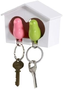 CUGBO White Birdhouse with 2 Whistle Sparrow Key Ring Holder (Pink and Green)