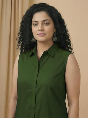 Image of Women Plus Size Sleeveless Button Down Shirt Polyester Formal Office Casual Wear Classic Fit Professional Shirt