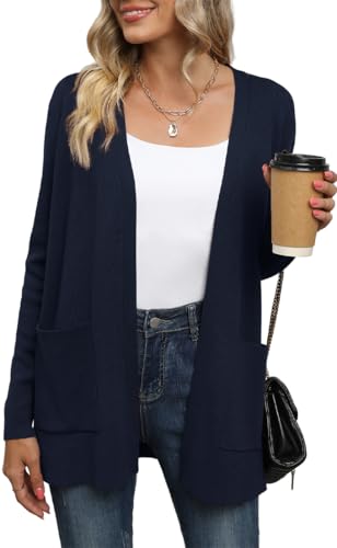 Yommay Cardigan for Women Loose Casual Lightweight Ladies Long Sleeve V-Neck Knitted Sweaters with Pockets,Navy Blue,Large