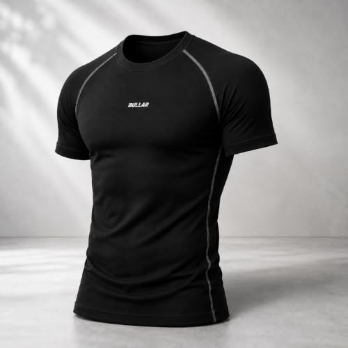 Image of BULLAR Men's Polyester Blend Compression T-Shirt, Half Sleeve Athletic Sports Tight, Crew Neck, Slim Fit Tshirt for Fitness and Workout