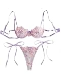 Lilosy Sexy Tie Side Cute Underwire Push Up Strappy Embroidered Mesh Sheer Lingerie Set Women See Through Bra and Panty 2 Piece Bow Flower Lavender Purple Small