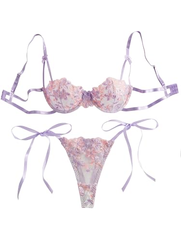 Lilosy Sexy Tie Side Cute Underwire Push Up Strappy Embroidered Mesh Sheer Lingerie Set Women See Through Bra and Panty 2 Piece Bow Flower Lavender Purple Small