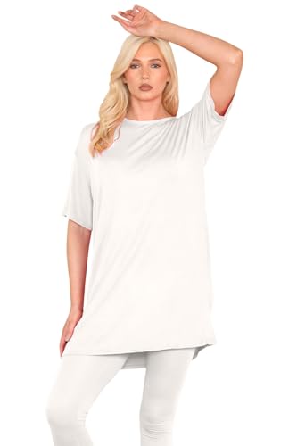 janisramone® Womens Short Sleeve Tunic T Shirts, Round Neck Oversized T Shirts for Women UK, Soft Comfortable Pj Dress, Perfect Summer Longline Ladies Tops Cream