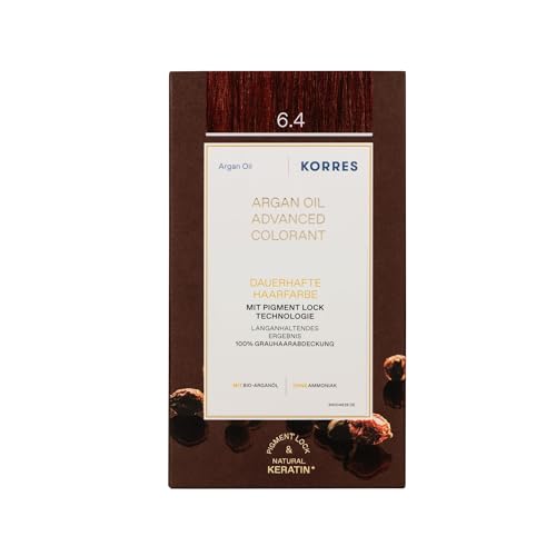 KORRES Argan Oil Colorant - tinte sin amoniaco con aceite de argán orgánico rubio oscuro cobrizo 6.4 - 100% cobertura de canas & vegano para un resultado de color duradero