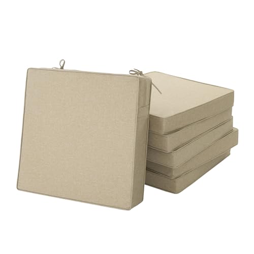 Fitfree Outdoor Chair Cushions, Water-Resistant & Fade-Resistant, Patio Furniture Square Seat Replacement Chair Pads with Ties, Removable Cover, Non-Slip Bottom, Set of 6, 19 x 19 Inch, Natural