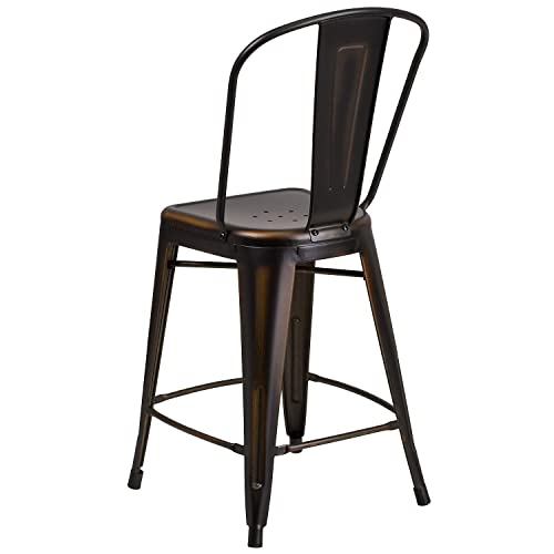 Flash Furniture Carly Commercial Grade 24" High Distressed Copper Metal Indoor-Outdoor Counter Height Stool With Back #TOP5