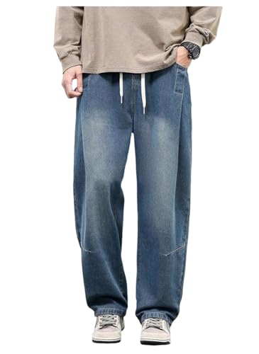 Men Straight Jeans Wide Loose Denim Trousers Streetwear Solid Hip Hop Pants