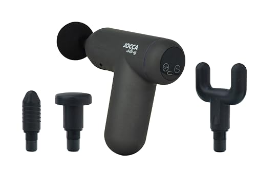 JOCCA - Pistola de Masaje Muscular con Vibración de Alta Frecuencia, 32 Niveles de Intensidad, 4 Cabezales Intercambiables, Pantalla LED, 3000 RPM, Ideal para Cuello, Espalda, Brazos y Piernas, USB