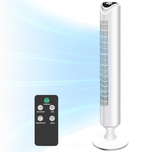 BYCRAY 91cm Ventilador de Torre Silencioso,Ventiladores de Torre con Control Remoto,2 Modos 3 Velocidades 7.6m/s,Oscilación 90°,Temporizador 4H,Ventilador de Piso Sin Aspas para...