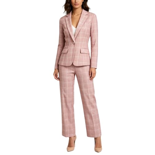 Lamgool Women's Plaid 2 Piece Pant Suits Business Work Office Blazer and Straight Leg Pant Set(Pink, XL)