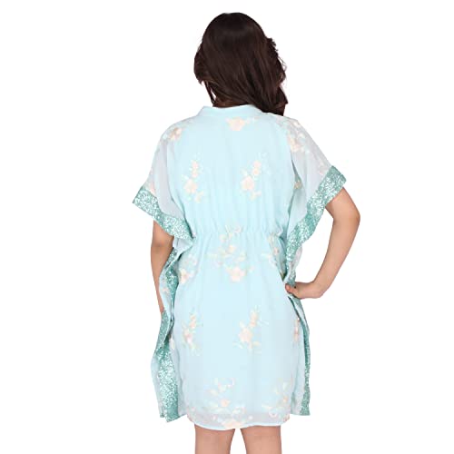 Image of Cutecumber Girls Georgette Floral Embroidered Aqua Kaftan Dress.