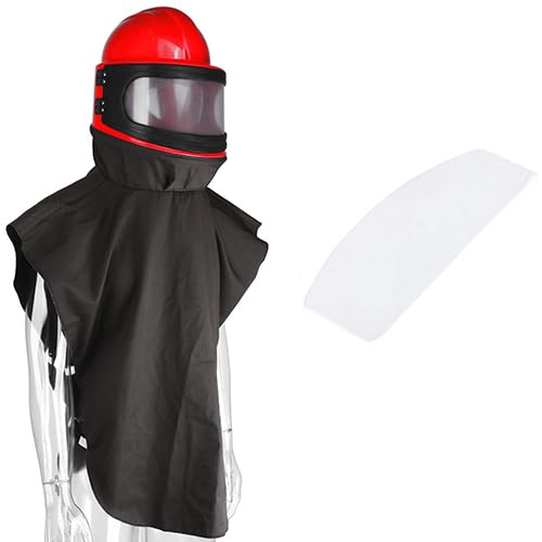 Casque de sablage à flux d'air continu rouge avec protection intégrée pour chantier