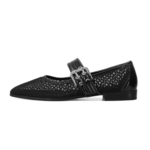 Dsevht Mary Janes Flats for Women Fashion Square Toe Flat Low Heel Easy Buckle Strap Flats Shoes