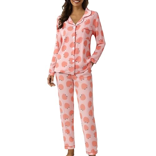 Pijama largo de invierno para mujer, conjunto de pijama de dos piezas, manga larga, ropa de dormir con diseño de impresión, ropa de estar acogedora, traje de casa para otoño e invierno, Rosa., XL