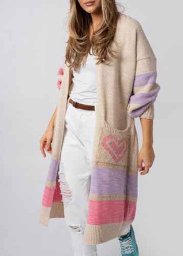 chouyatou Women's Fall 2025 Color Block Long Cardigan Sweater Oversized Open Front Knitted Cardigan Coat with Pockets2