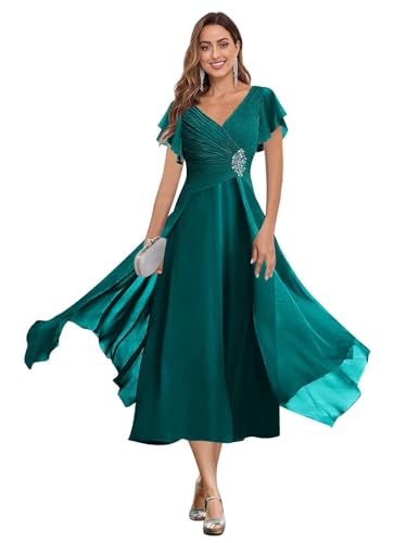 Elegant Short Sleeve Mother of The Bride Dresses Petite for Women Chiffon Beaded A-Line Tea Length Formal Gown