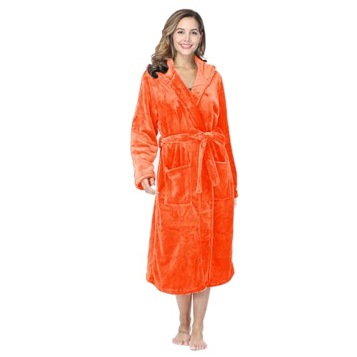 Image of RONGTAI Womens Robes Plush Fleece Hooded Bathrobe Thick Nightgown with Pockets Fluffy Sleepwear