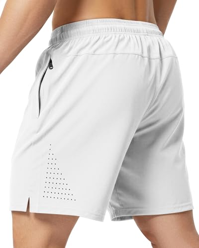 7 Inch 7in Men Swim Trunks mid-Thigh with Mesh no Compression Liner Quick Dry Drawstring Male Swimwear Swimsuit Swimtrunks Boardshort Bathing Suit Fair Beach Water Zipper Pocket Lined Harbor White