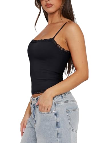 PINKMSTYLE Women's Sexy Square Neck Lace Cami Tank Tops Fitted Double Lined Sleeveless Crop Spaghetti Strap Summer Y2k Tops4
