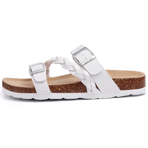 Image of KIDMI Women's Cork Footbed Sandals with Arch Support Comfortable Slip-On Slide Sandals With Adjustable Buckle for Summer