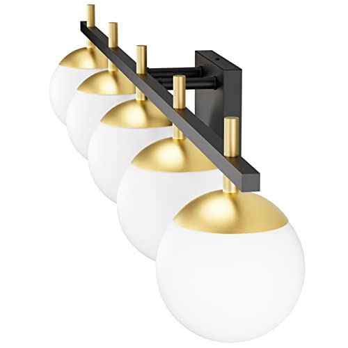 Image of Ralbay Mid Century Modern Bathroom Vanity Light Fixture 5 Light Milky Glass Globe Modern Bathroom Light Fixture Over Mirror, Black /Golden 5 Light