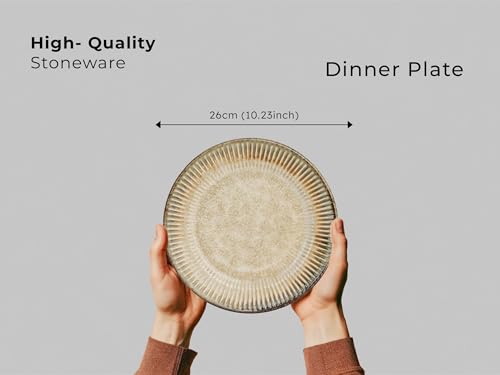 Image of Bodhi House Premium 8-Piece Stoneware Dinner Set Serving for 4 - Handcrafted Ceramic Plates, Bowls & Serving Bowls | Microwave & Dishwasher Safe | Elegant Modern Tableware Crockery Rustic Sand Beige