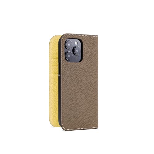 【ボナベンチュラ】 ダイアリーケース [iPhone 14 Pro,エトープ × イエロー] シュリンクレザー スマホケース ヨーロッパ最高級レザー 本革 MagSafe対応 プレゼント BODT14P-ETYE