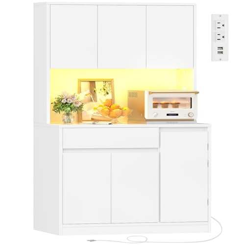 Image of TEENFON Pantry Cabinet with Charging Station and LED Light, Kitchen Pantry Cabinet with Microwave Stand, Kitchen Storage Cabinets with Adjustable Shelves and Door Shelves for Dining Room, White