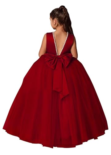Pearls Flower Girls Dresses Princess Pageant Dress Bow-Knot Kids Satin Tulle Prom Ball Gowns for Wedding DK005