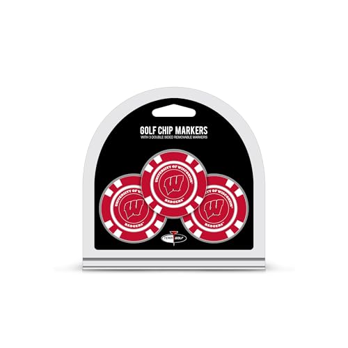 Team Golf NCAA Wisconsin Badgers 3 Pack Golf Chip Ball Markers, Poker Chip Size with Pop Out Smaller Double-Sided Enamel Markers