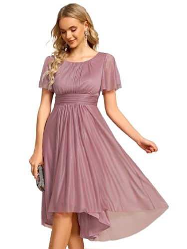Ever-Pretty Women Dress Midi Wedding Guest Dress with Short Ruffles Sleeve and Pleated Design Diamond Fine Flash Bridesmaid Dress Orchid 14UK