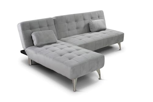 Visual Stocks Sofá ECONOMICO - Cama Chaise Longue con 2 Cojines - Modelo XS - 198x146x75 cm - Ideal para Espacios Reducidos Salas de Espera u Oficinas. - En Terciopelo Gris - Reclinable y Cama.