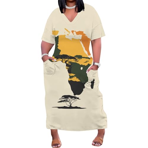 Image of Plus Size Maxi Dress for Women Short Sleeve V Neck Casual Loose Sundress with Pockets