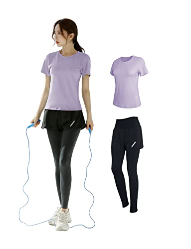 Seeya(シーヤ) スポ一ツウェア レディース 上下 セット トレ-ニングウェア ランニングウェア UVカット UPF50+ 軽量 吸汗 速乾 春 夏 秋に最適 (2点セット レギンス_パープル 2XL)