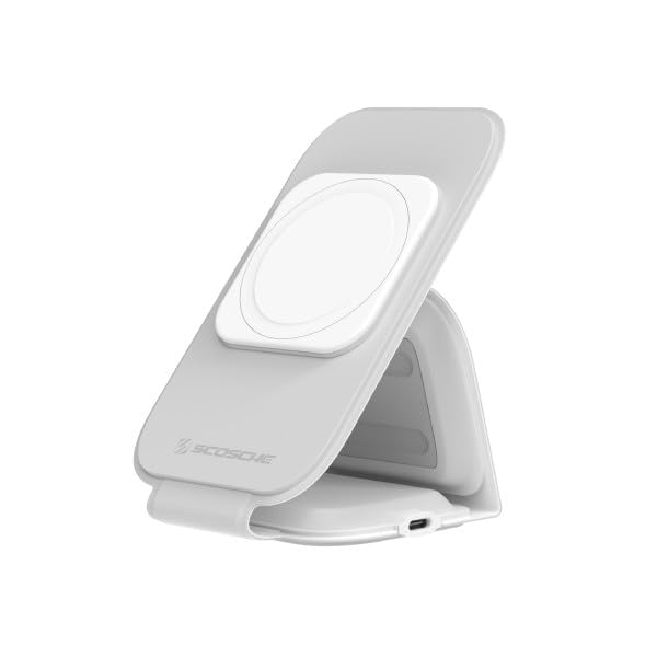 Scosche MSQFG2N1WT MagicMount™ Travel 2-in-1 Magnetic Dual Wireless Charging Station, Fast Charger Stand w/Foldable Flat Pad, Compatible with MagSafe Apple iPhone 15/14/13/12/Pro Max/Airpods, White