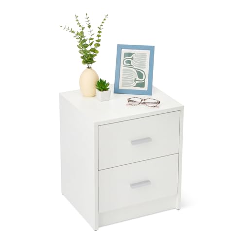 Amazon Basics Bedside Table, 2 Drawer Nightstand, Bedroom Cabinet, White, 47 x 40 x 36 cm