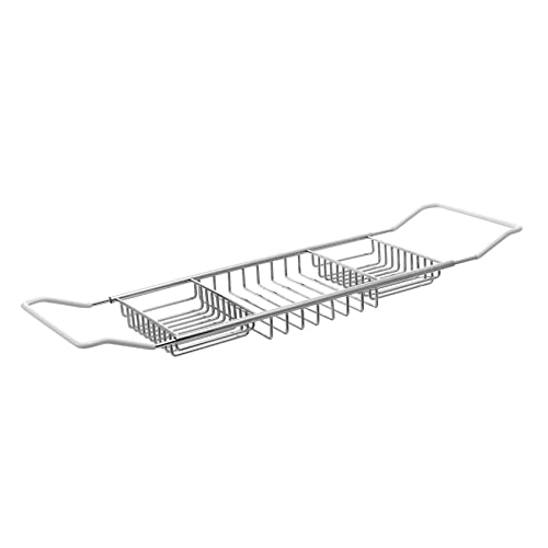 Organizador de bañera ajustable con lados de acero extraíbles y expandible, para artículos de tocador, champú y artículos esenciales de spa, soporte elástico para tina antideslizante, soporte